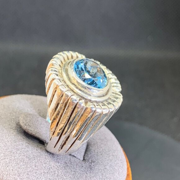 VTG Sterling Silver 925 Blue Topaz Bezel Set Textured Ridged Border Size 8.25 - Picture 4 of 13